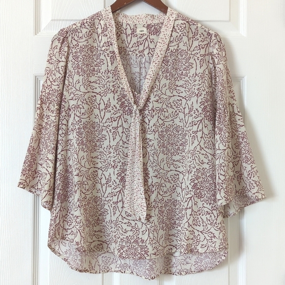 Warm NY Floral Printed Silk Tied V-neck Quarter Bell Sleeve Blouse Cream Medium - Picture 1 of 12